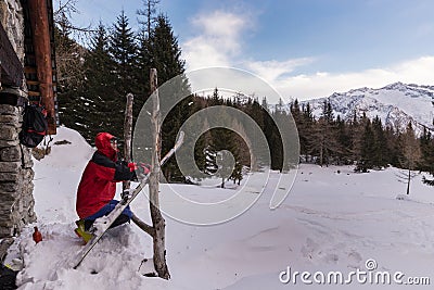 Ski mountaineer in winter, Italian Alps. Skier on snow Stock Photo