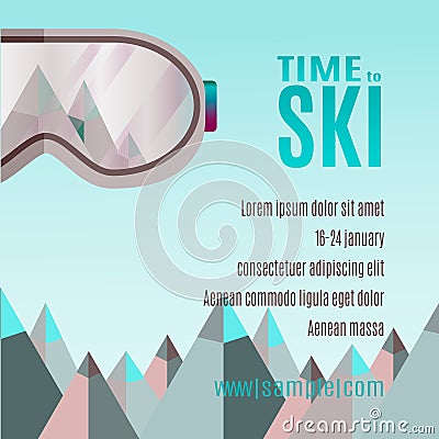 Ski Party Poster Template with Mount and sunglass. Vector Illustration