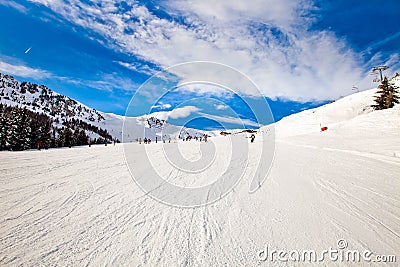 Ski resort in the Alps, people skiing Stock Photo