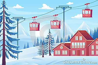 Ski resort with cable car view concept in flat cartoon design. Vector Illustration