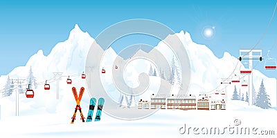Ski resort with cable cars or aerial lift and ski-lift. Vector Illustration
