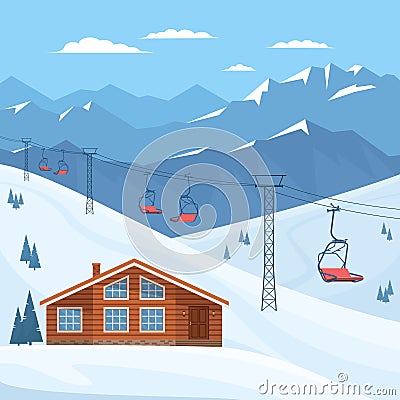 Ski resort with chair lift, house, chalet, winter mountain landscape, snow. Cartoon Illustration