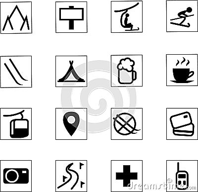 Ski resort icon set. black symbols on white Vector Illustration