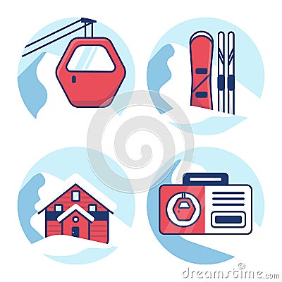 Ski resort icon set. Red cabin lift, Equipment rental, Hotel, mountain shelter, Ski pass. Vector Illustration