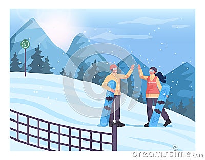 Ski resort instructor training people to ride a snowboard. Instructor giving Vector Illustration