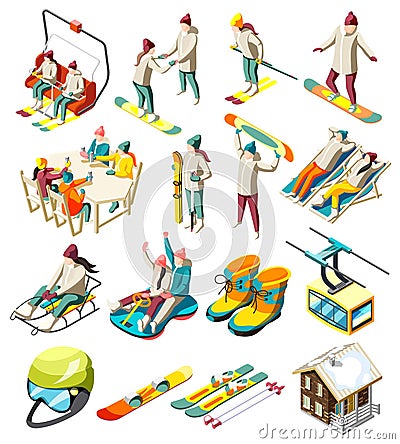 Ski Resort Isometric Icons Vector Illustration