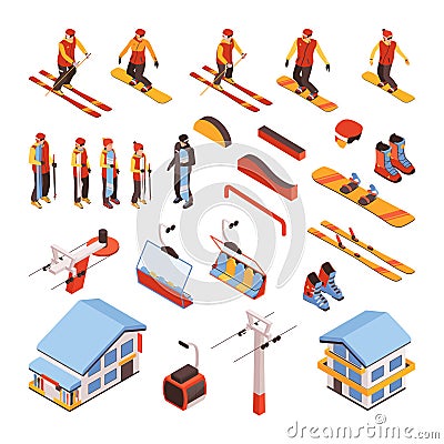 Ski Resort Isometric Set Vector Illustration