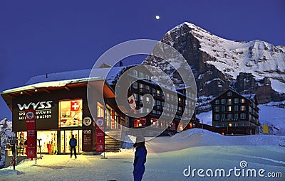 Ski resort at Kleine Scheidegg with Eiger mountain. Swiss Alps Editorial Stock Photo