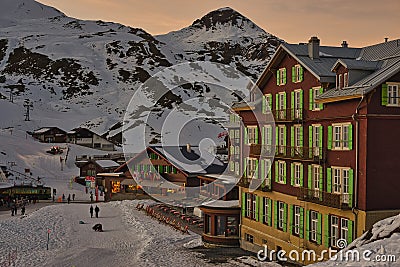 Ski resort at Kleine Scheidegg with Eiger mountain. Swiss Alps Editorial Stock Photo
