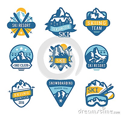 Ski resort logo emblems, labels badges vector Vector Illustration