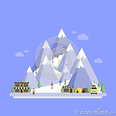Ski Resort. Mountain landscapes. Vector flat Vector Illustration