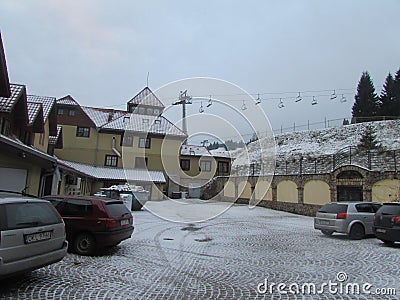 Ski resort in Poland, hotel complex, parking, funicular. Editorial Stock Photo