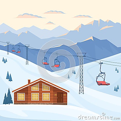 Ski resort with red chair lift, house, chalet, winter mountain evening and morning landscape, snow. Vector Illustration