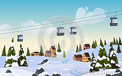 Ski resort scenery with cableway or cable railway. Vector Illustration