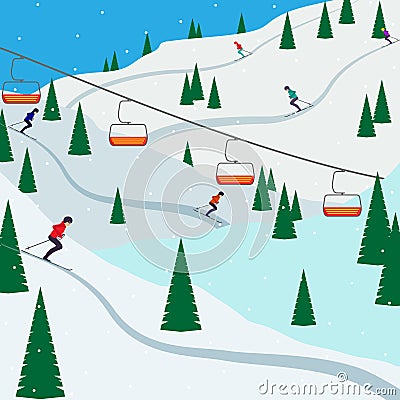 Ski resort snow mountain landscape, skiers on slopes, ski lifts. Winter landscape with ski slope covered with snow, trees and moun Cartoon Illustration