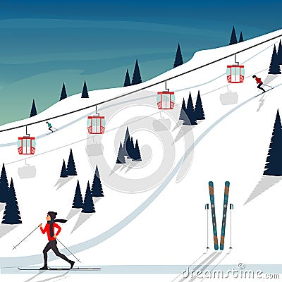 Ski resort snow mountain landscape, skiers on slopes, ski lifts. Winter landscape with ski slope covered with snow, trees and moun Cartoon Illustration