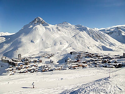 Ski resort of Tignes in winter, ski slope and village of Tignes le lac Stock Photo