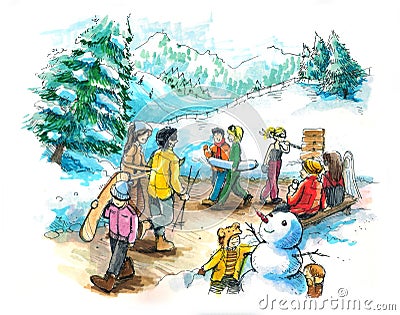 Ski resort, vacation for winter Cartoon Illustration