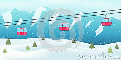 Ski resort vacation. Winter snowy landscape with ski resort, lift, cable car, green spruces and mountains. Winter Vector Illustration
