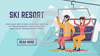 Ð¡aucasian couple skiers using cableway at ski resort. Vector Illustration