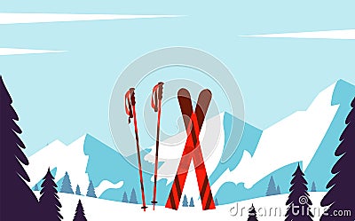 Ski resort. Winter landscape with snow, trees, mountains. Vector Vector Illustration