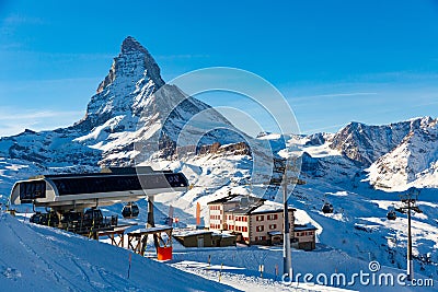 Ski resorts overlooking Matterhorn and ski lift Stock Photo