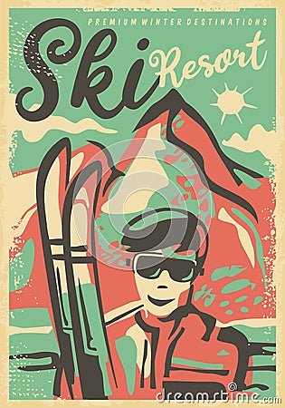 Ski resorts retro poster design template Vector Illustration