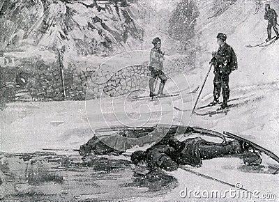 Ski-runners drinking, circa 1900 Cartoon Illustration