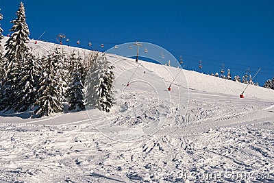 Ski slope with ski cableway on ski resort on Kubinska Hola during winter Stock Photo