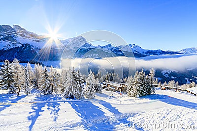 A ski slope station in Switzerland Stock Photo