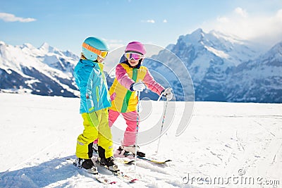 Ski and snow winter fun for kids. Children skiing Stock Photo