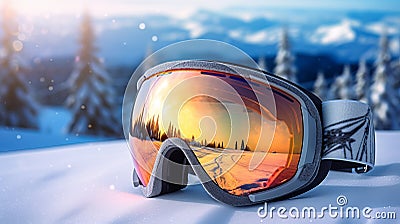 Ski or snowboard goggles lie on the snow against the backdrop of the beautiful Alpine mountains with space for text. Stock Photo