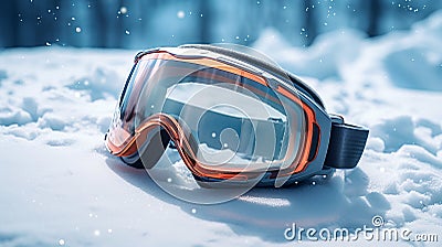 Ski or snowboard goggles lie on the snow against the backdrop of the beautiful Alpine mountains with space for text. Stock Photo