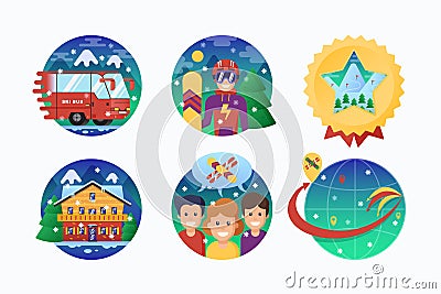 Ski or Snowboard Resort Icons Collection. Vector Circle Banners of Snowboarding Instructor, Ski Bus, Globe, Alpine Hotel Vector Illustration