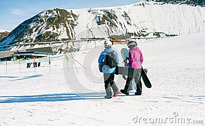 Ski and snowboard sport resort for winter vacation - Holidays, snow gear renting, skiing and mountain landscape concept - Focus on Stock Photo