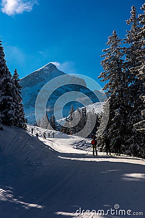 Ski tourers on ski slope with the Alpspitze in the background Stock Photo