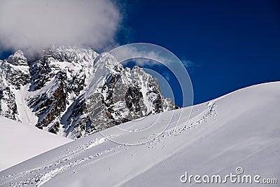 Ski tracks on the fresh snow at the off piste area at the Meribel Ski Resort in France. Stock Photo