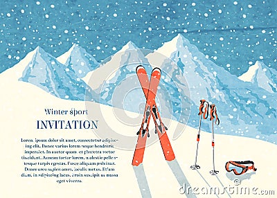 Ski winter mountain landscape card Vector Illustration
