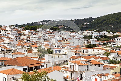 View across the hills of Skiathos Town, Skiathos, Greece, August 18, 2017 Editorial Stock Photo