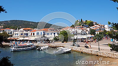 Skiathos Town, Aegean Greek Island, Boats Moored at Dock Editorial Stock Photo