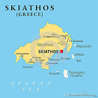 Skiathos, small Greek island in the Aegean Sea, political map Vector Illustration