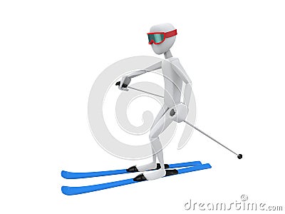 Skier character with red ski giggles and blue skis doing a slight turn - side view Stock Photo