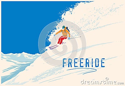 Skier freerider in mountain landscape Vector Illustration