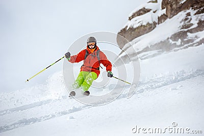 Skier freerides at offpiste slope Stock Photo