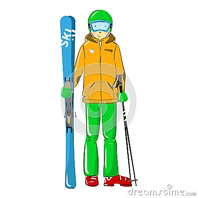 Skier isolated on white background. Sportsman with ski equipment. Winter activity mountain skiing. Ski kit Vector Illustration