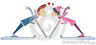 Heart symbols and kissing skier man and skier woman illustration Vector Illustration