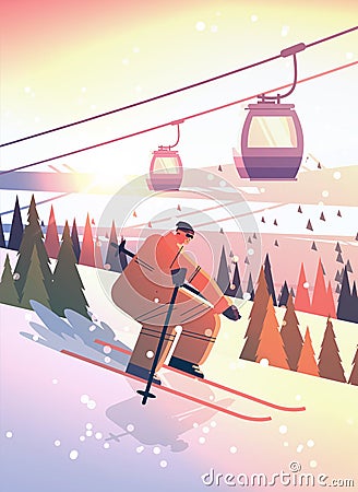 skier man sliding down sportsman skiing doing activities winter vacation concept sunset snowfall landscape Vector Illustration