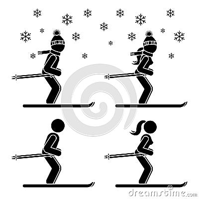 Skier man and woman skiing stick figure vector icon pictogram set. Winter snow fun sport leisure lifestyle holiday active game Vector Illustration