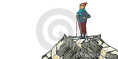 Skier, Money dollars mountaintop. isolate on white background Vector Illustration