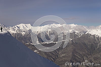 Skier photographing landscape mountains winter snowboard nice Editorial Stock Photo